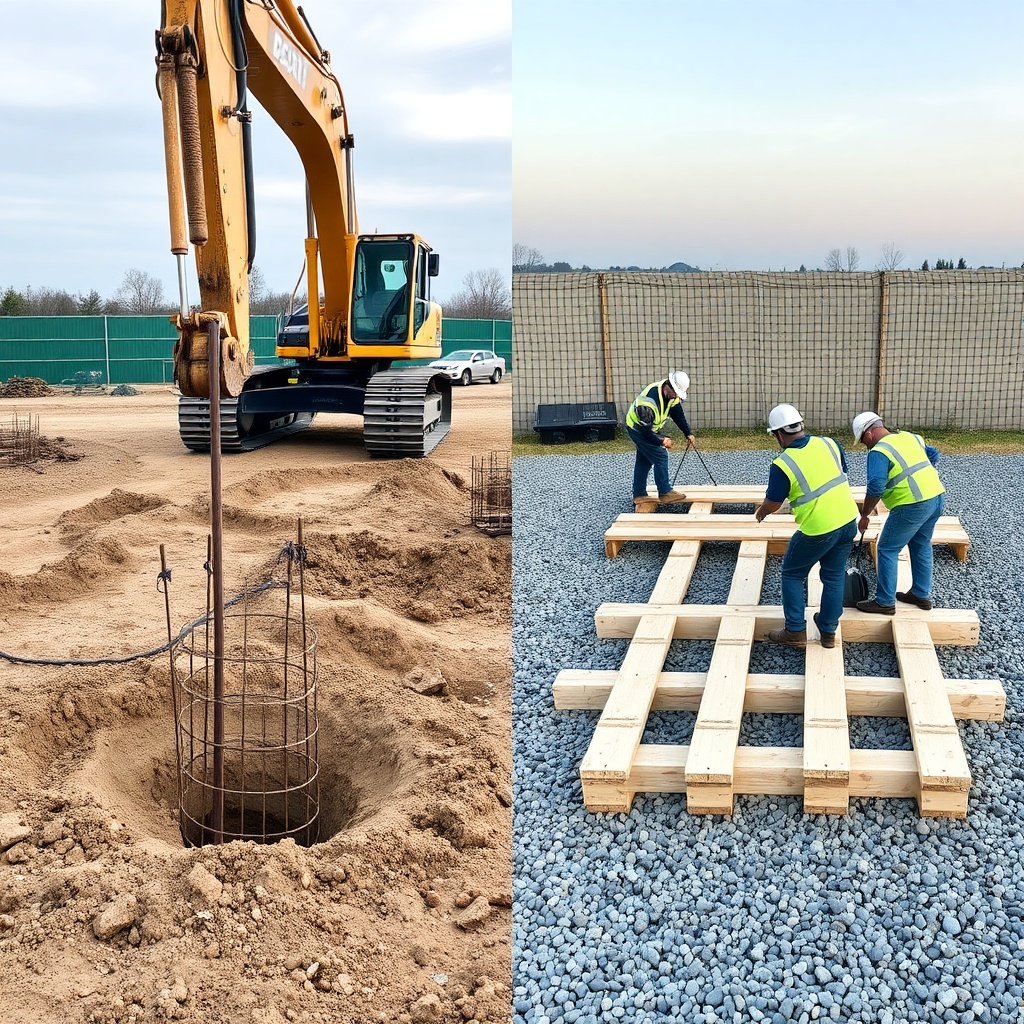 Two construction sites side by side: left shows a heavy digger excavating post holes with