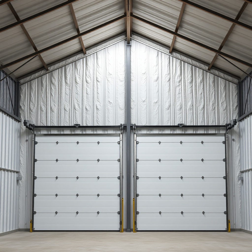 A large metal pole barn interior showing two overhead doors (one 12x14 and one 10x10) side