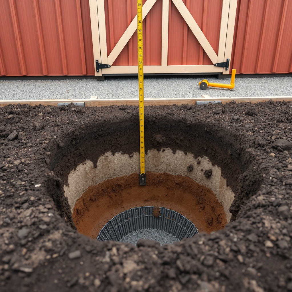A photorealistic photo of a soil test pit being dug next to a Morton pole barn foundation