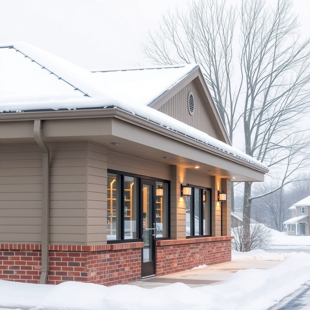 <clean photorealistic photo/illustration of a Morton 50x80 building in winter with snow on
