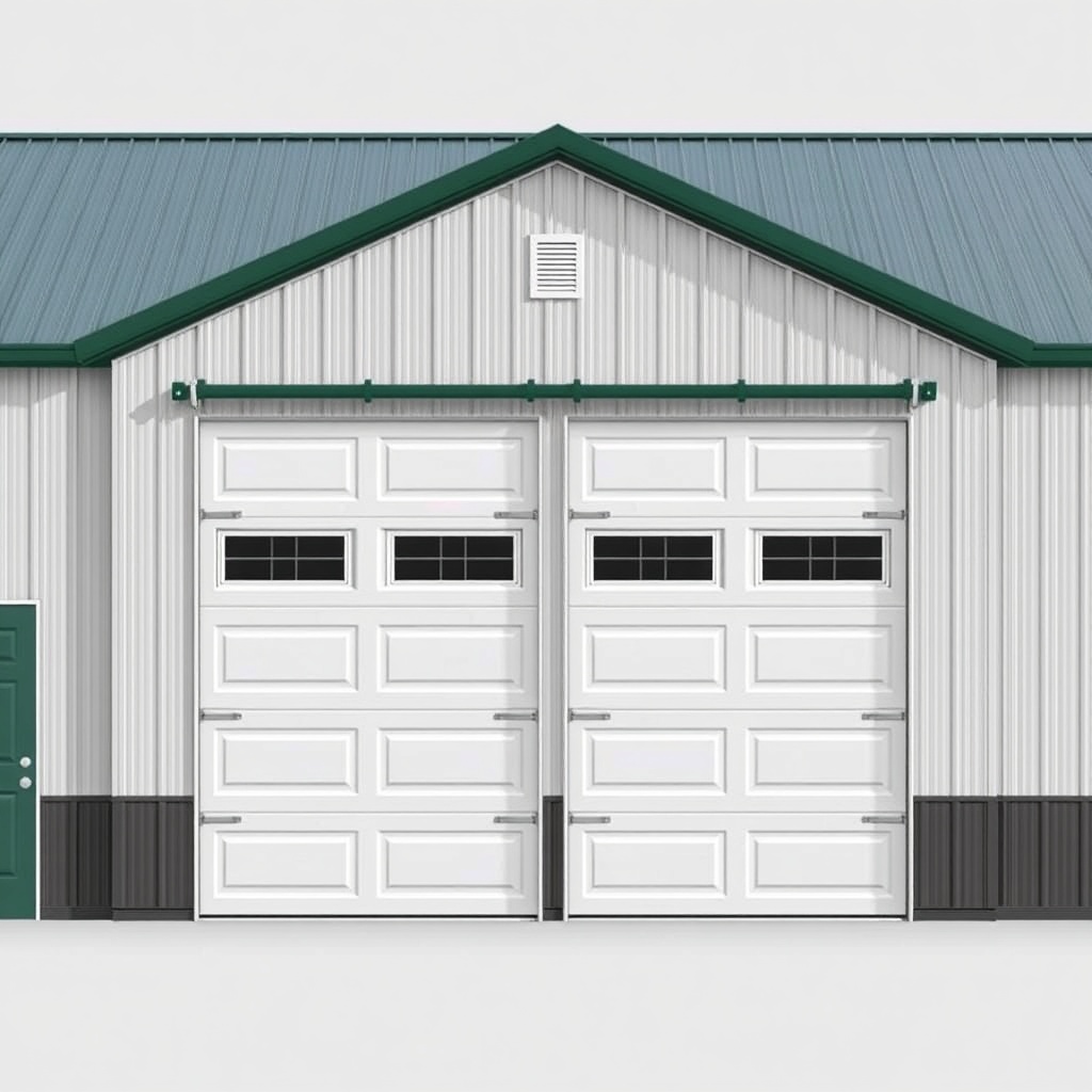 A clean photorealistic photo of a Morton 50x80 pole barn with two 16x16 insulated sectiona