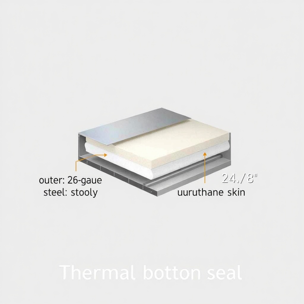 A simple illustration showing a cross-section of an insulated steel overhead door with lab