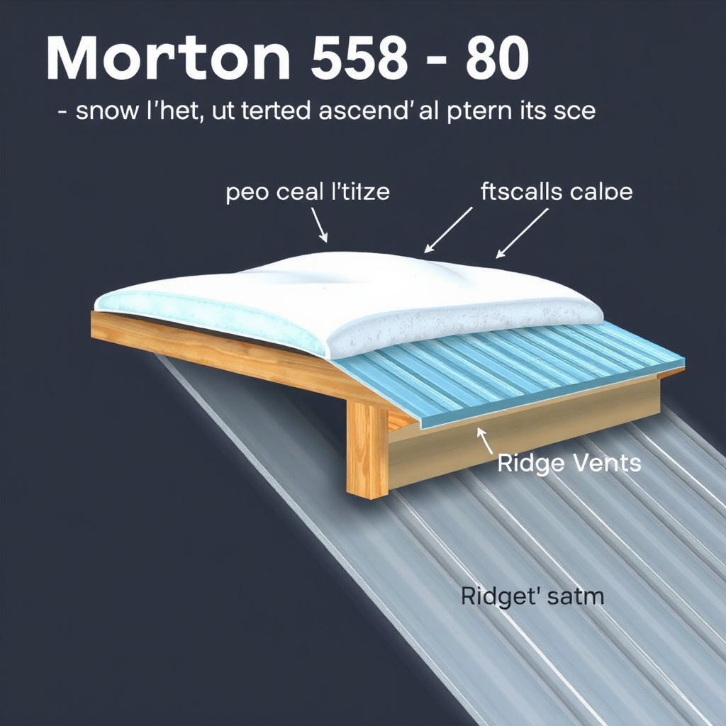 A cross-section illustration showing a Morton 50x80 roof with spray foam insulation on the
