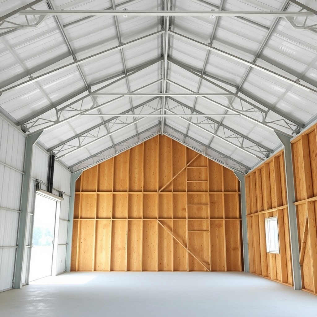A wide interior shot of a Morton 50x80 pole barn with steel frame and purlins visible