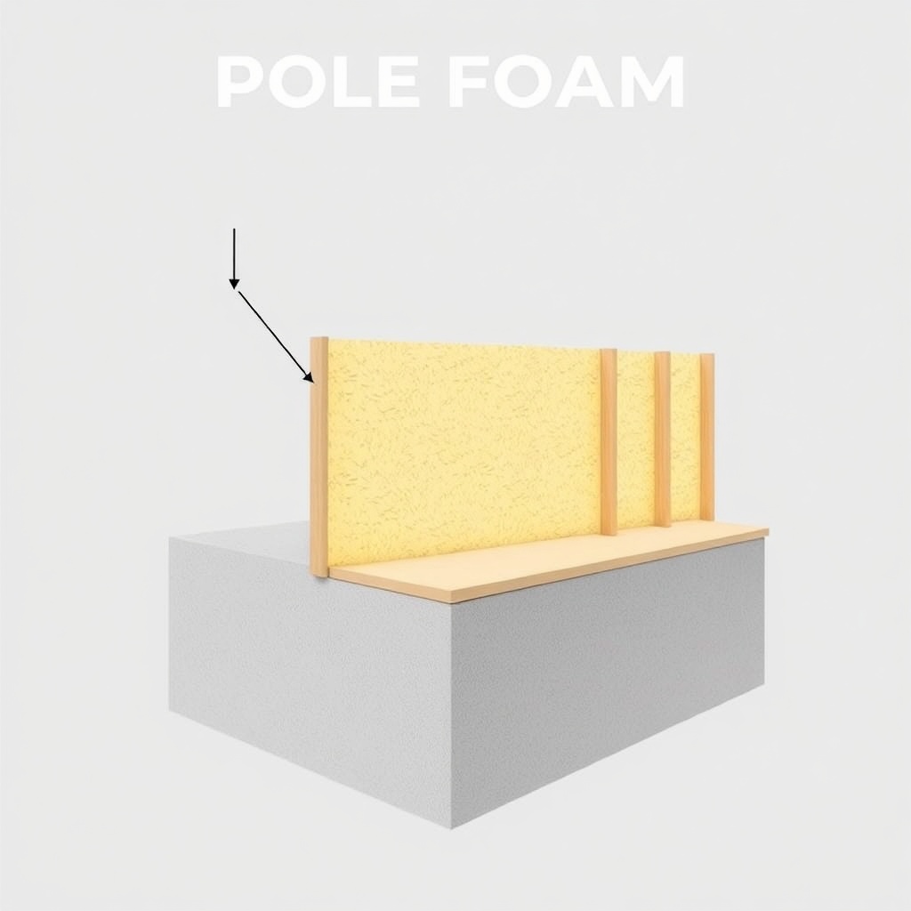 A cross-section illustration of a pole barn wall showing spray foam from top of wall down