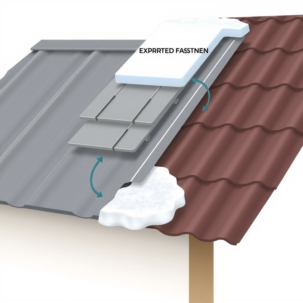 An illustration showing a cross-section of a standing seam roof with a snow slide mechanis