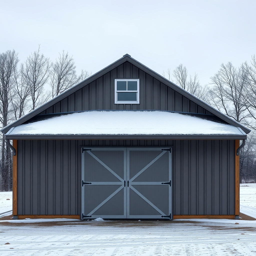 A photorealistic exterior view of a Morton 50x80 pole barn with a metal roof