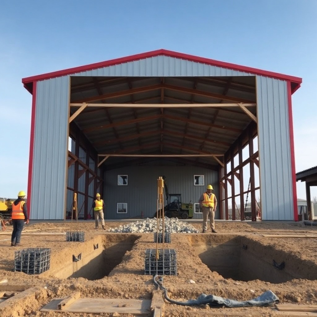 photorealistic photo of a large Morton Buildings 50x80 pole barn under construction