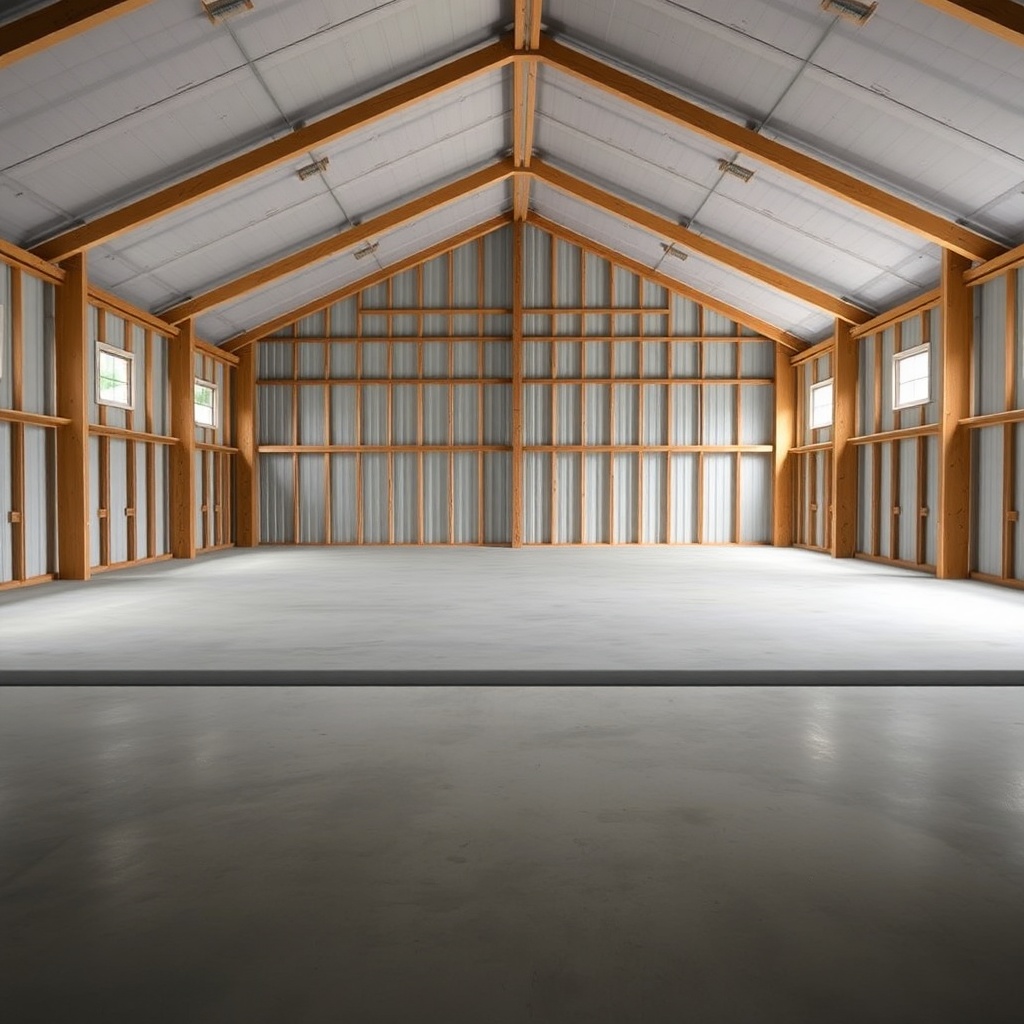 photorealistic photo of a Morton 50x80 pole barn with a finished concrete floor and visibl