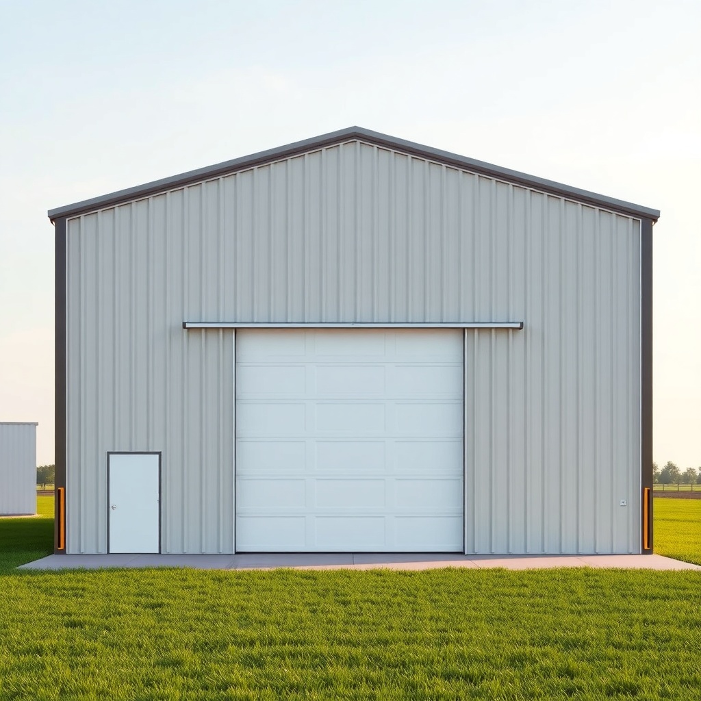 A photorealistic photo of a Morton Buildings 50x80 pole barn with a clear sky and green gr