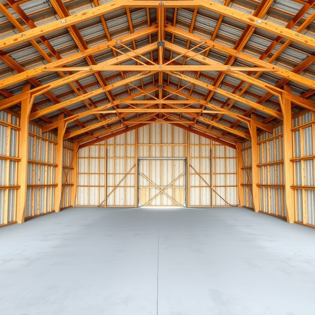 A photorealistic photo of the interior of a Morton Buildings 50x80 pole barn