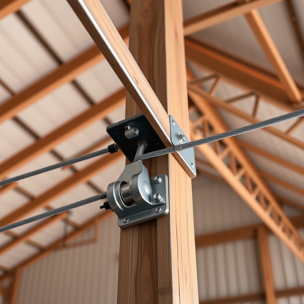 Close-up of diagonal steel cable wind bracing in a pole barn
