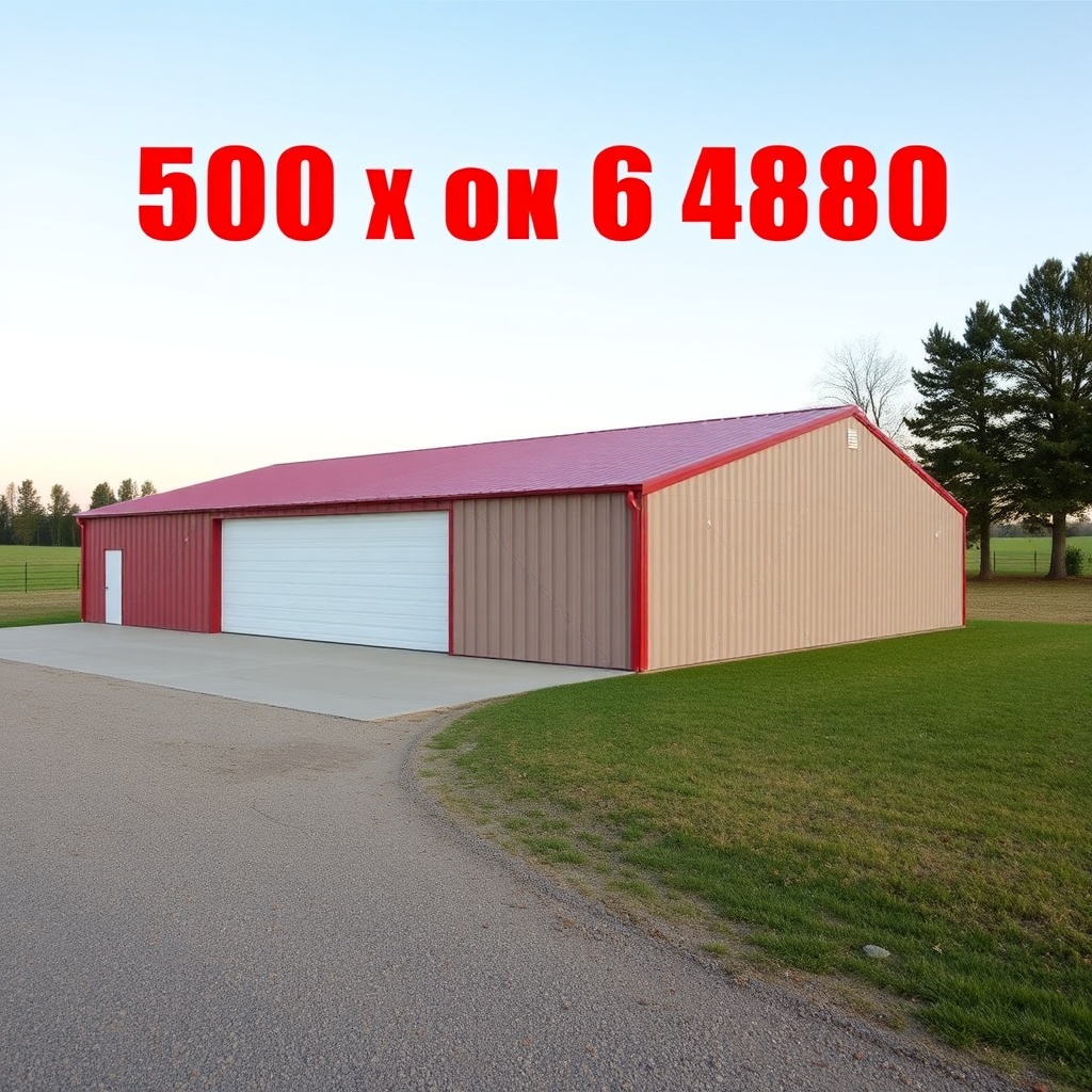 A panoramic view of a Morton Buildings 50x80 pole barn with red metal roof