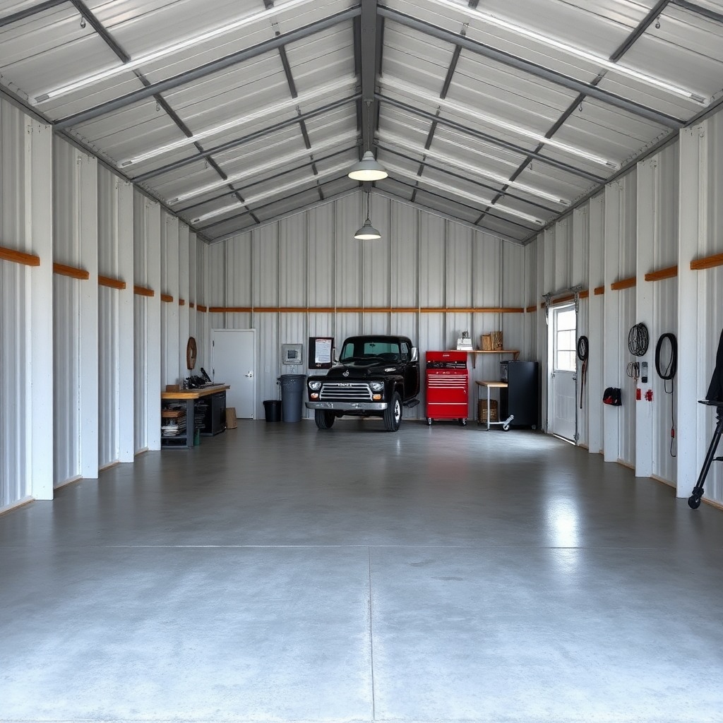 A photorealistic photo of the interior of a Wick 40x60 pole barn with a smooth