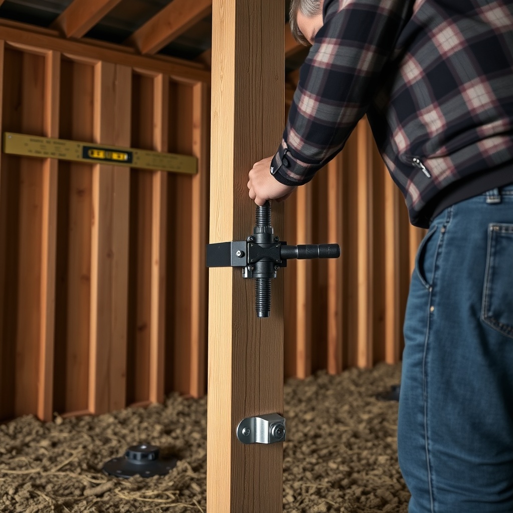A photorealistic photo showing a person adjusting a heavy-duty turnbuckle assembly attache