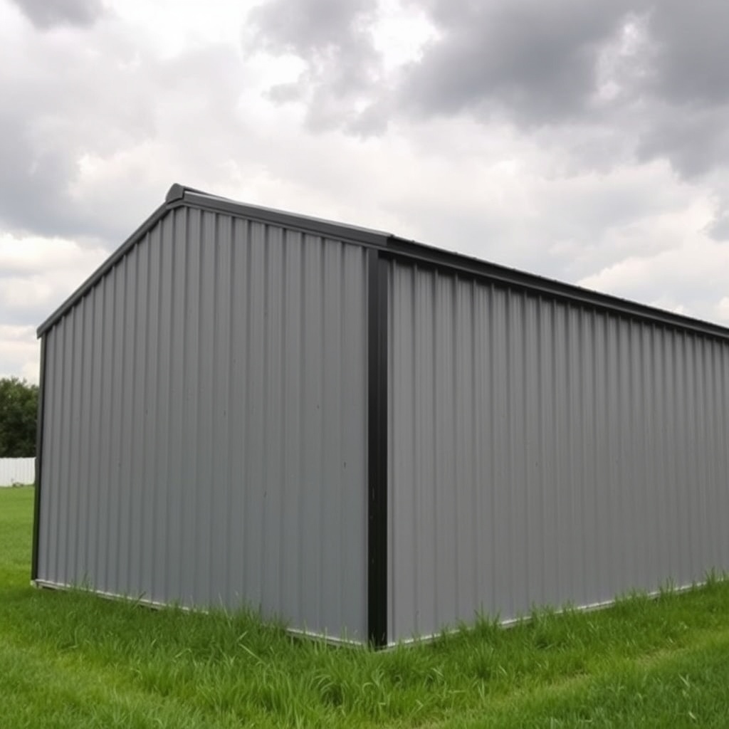 A photorealistic exterior shot of a Wick 40x60 pole barn with gray metal siding under a cl