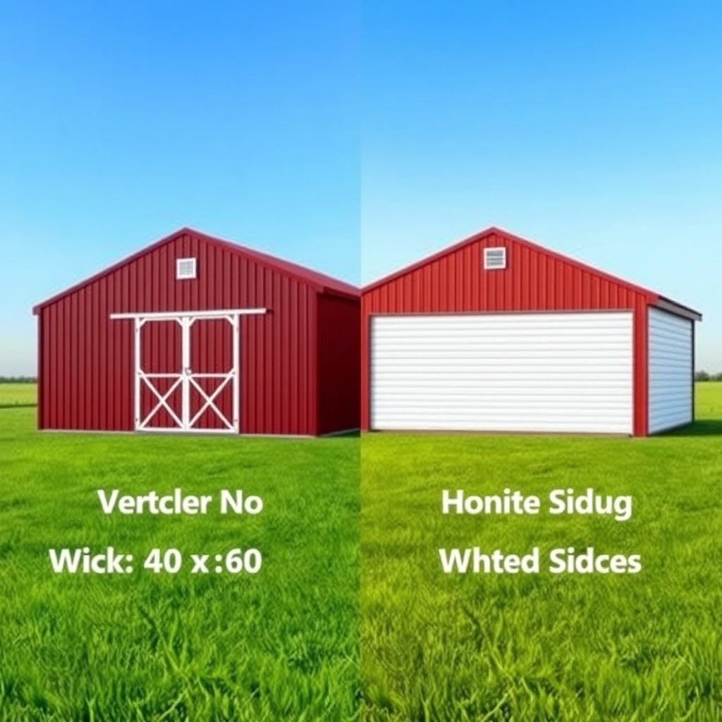 A photorealistic side-by-side comparison of two Wick 40x60 pole barns