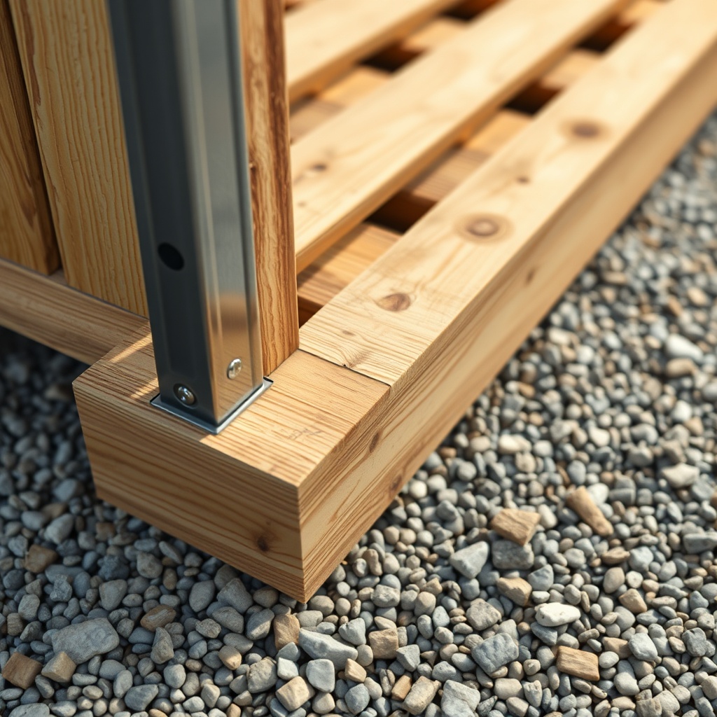 A close-up photorealistic shot of a pressure-treated 6x6 skid resting on a compacted grave