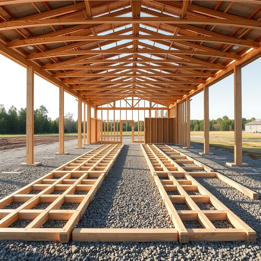 A wide-angle photorealistic image of a Wick Buildings 40x60 pole barn under construction