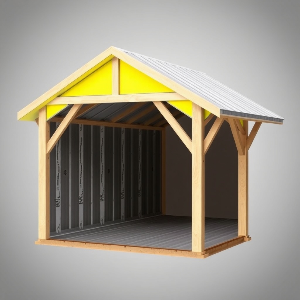 A photorealistic cross-section illustration showing a Wick 40x60 pole barn roof with a rad