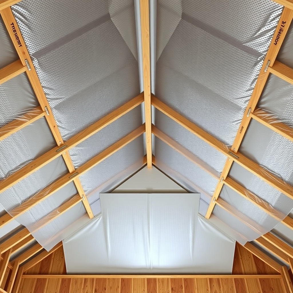 A photorealistic roof interior shot inside a 40x60 pole barn showing a perforated foil bar