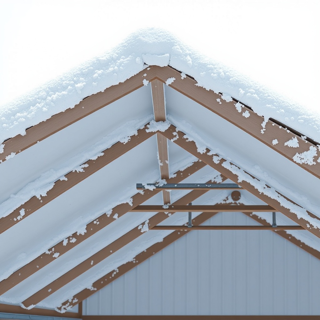 <clean photorealistic photo/illustration showing a snow-covered Wick 40x60 roof with visib