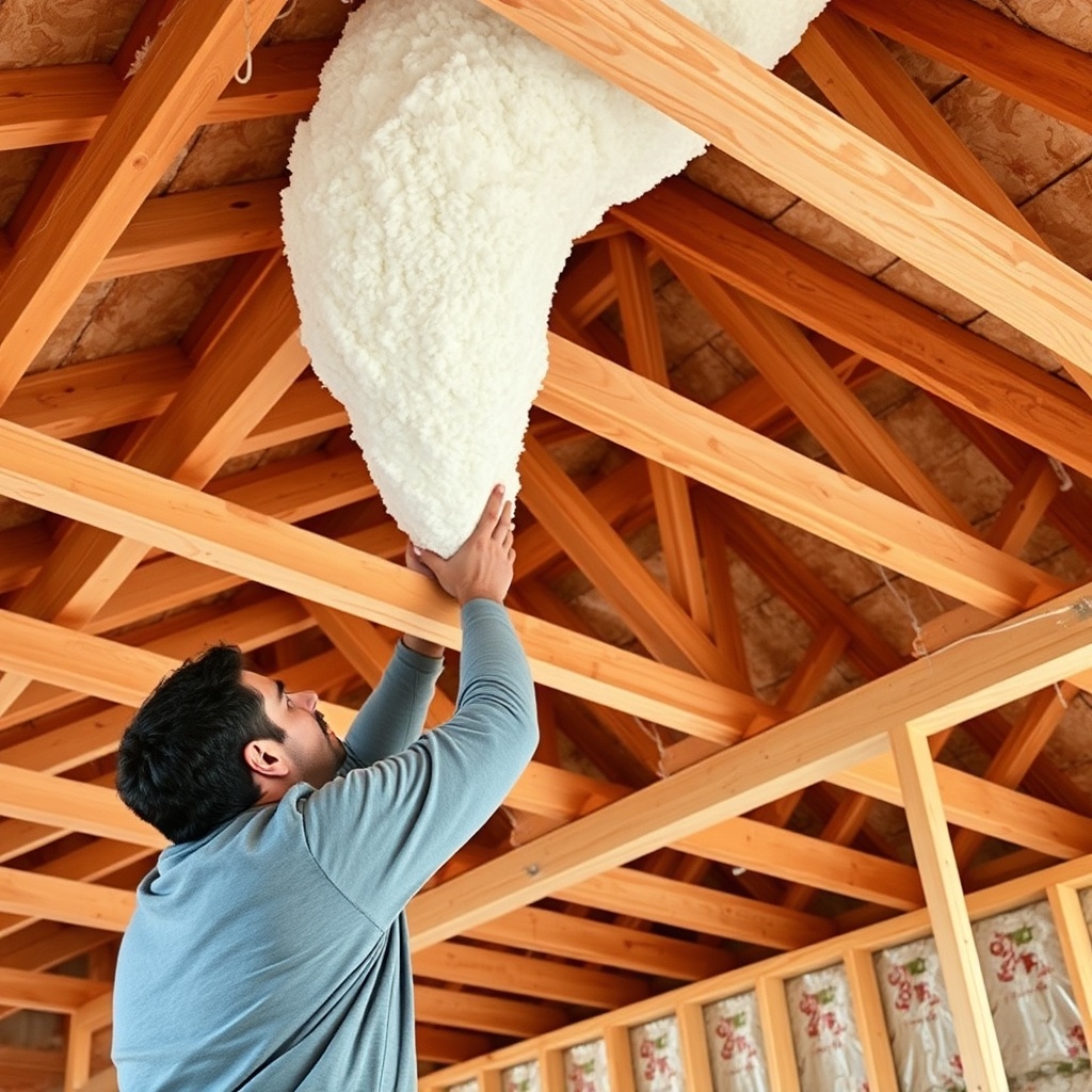 <clean photorealistic photo of a worker installing blown-in cellulose in a ceiling of a 40