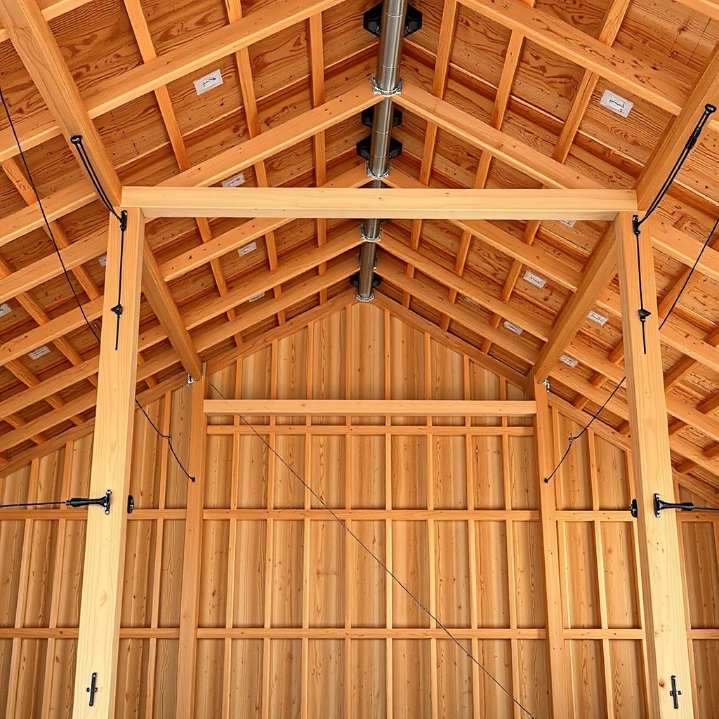 <clean photorealistic photo of a Wick 40x60 pole barn interior showing diagonal cable brac