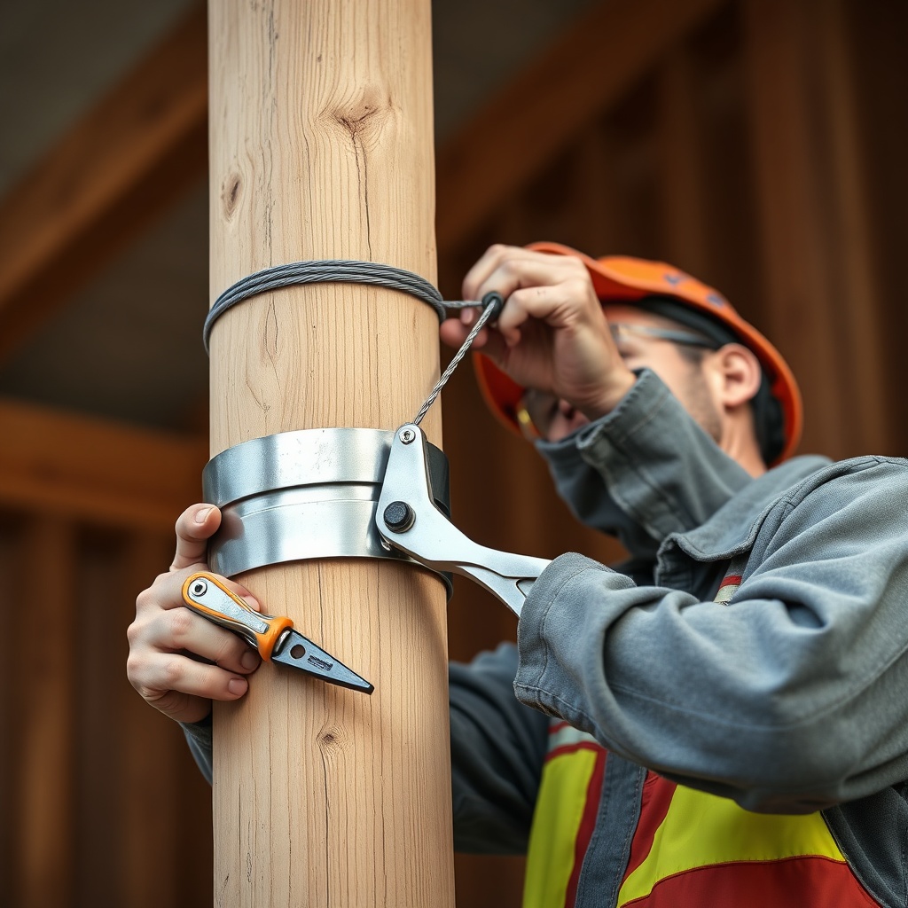 <clean photorealistic photo of a worker installing a galvanised cable brace on a pole barn