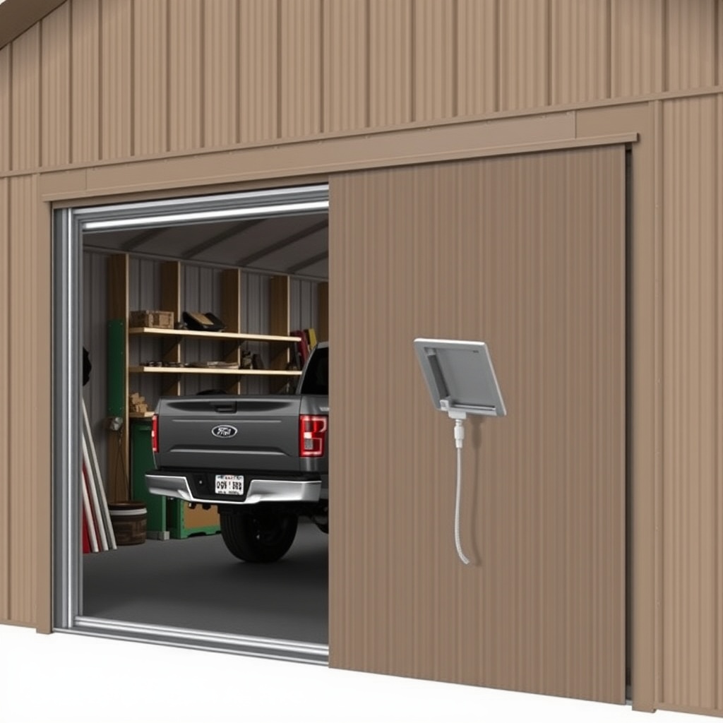 <clean photorealistic photo/illustration of a Wick 40x60 building with a single-slide door