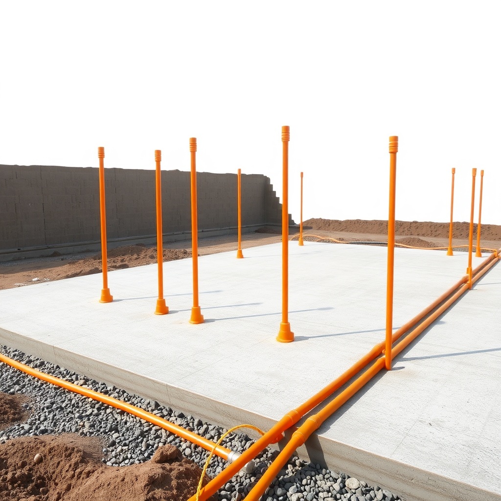 A clean photorealistic photo showing an in-progress Wick Buildings 40x60 slab pour with se