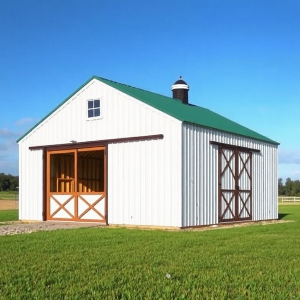 <clean photorealistic photo of a Wick Buildings 40x60 post frame barn with white steel sid