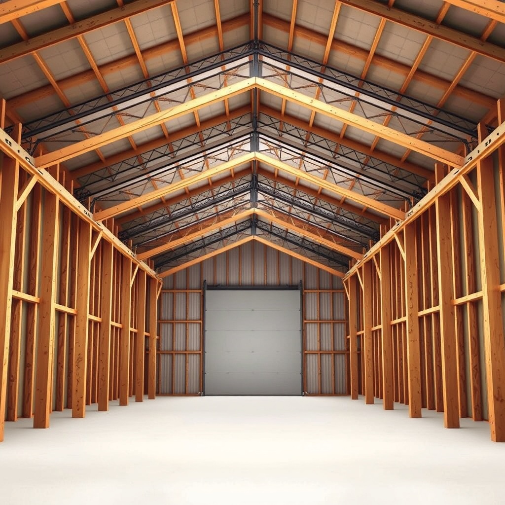 <clean photorealistic photo showing the interior of a Wick Buildings 40x60 post frame buil