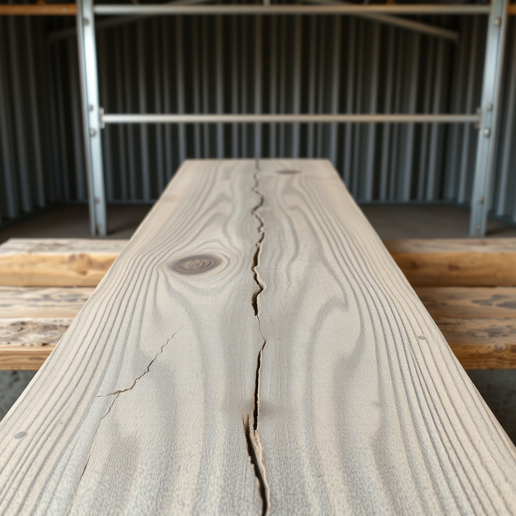 A close-up photorealistic photo of pressure-treated wood skid showing surface cracks and g