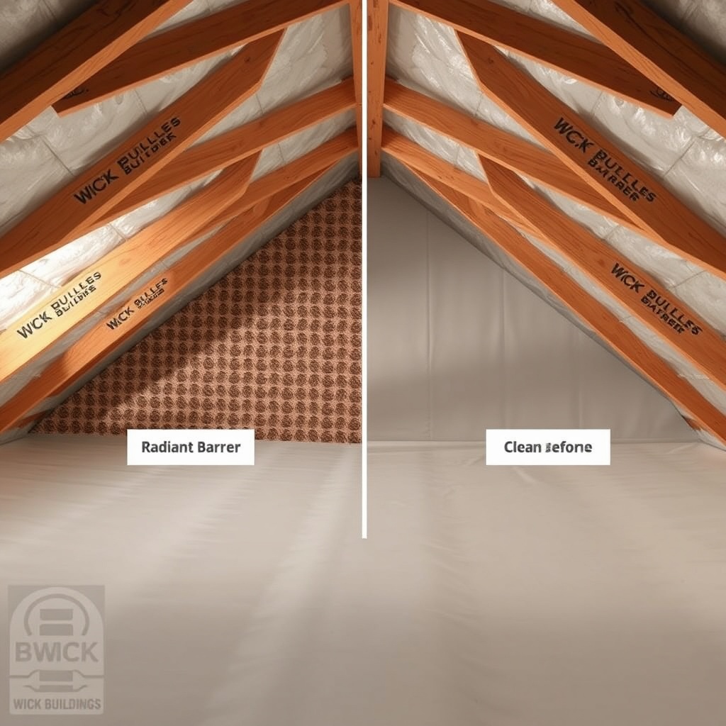 <clean photorealistic photo/illustration of a Wick Buildings 40x60 attic showing a dusty r