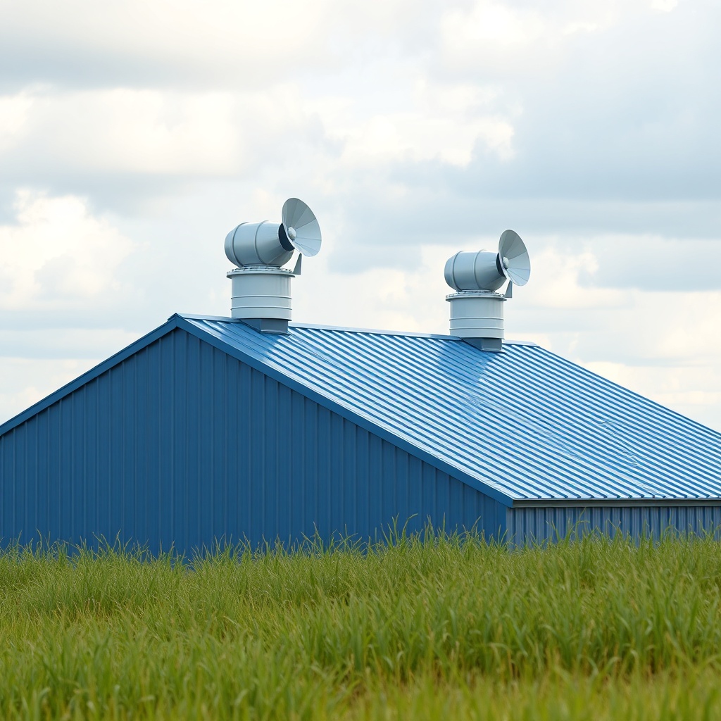 Photorealistic photo of two turbine vents installed on a blue metal pole barn roof